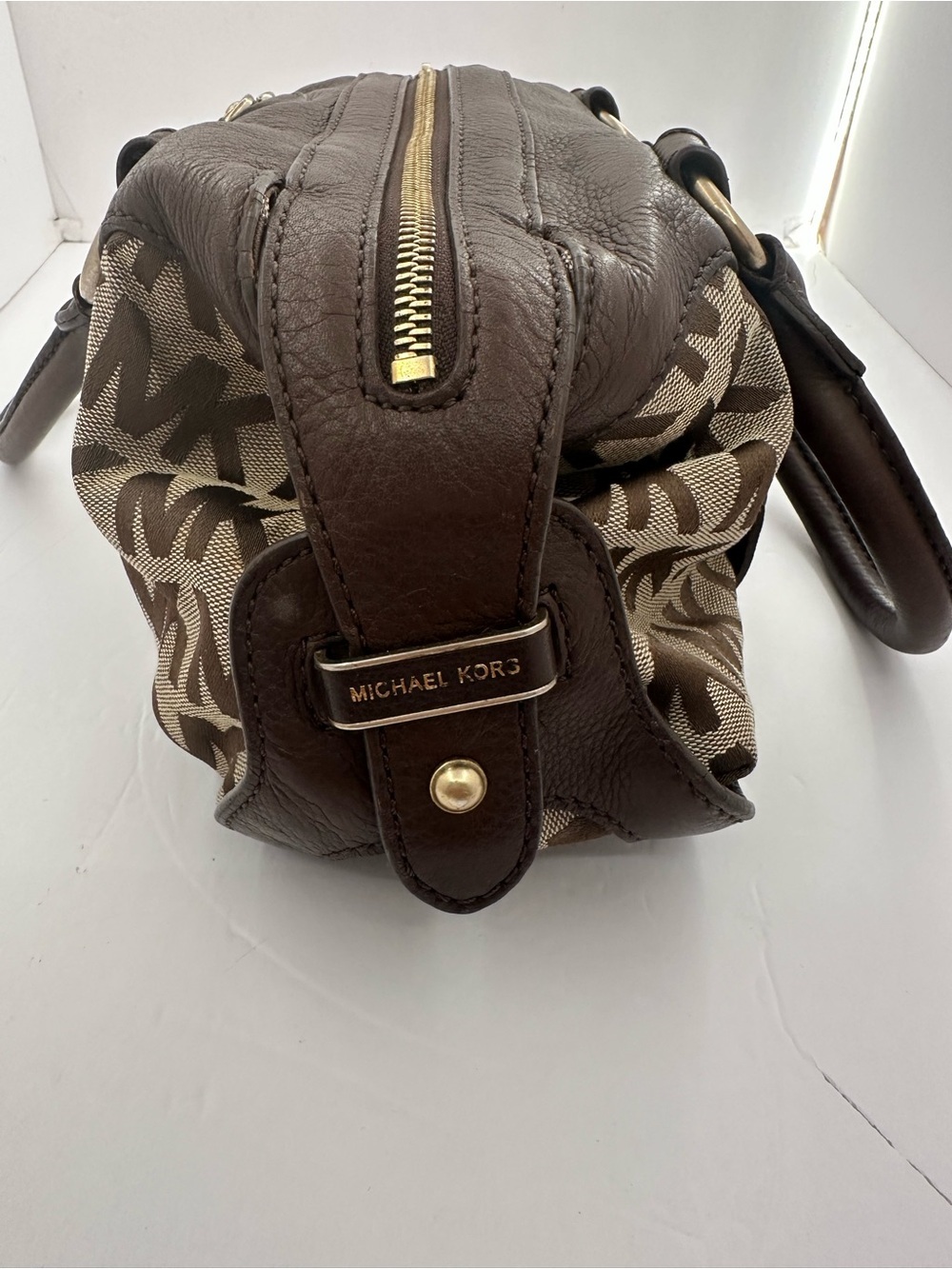 Vintage Michael Kors Brown MK Monogram Leather Satchel Bag Y2K Shoulder Purse - Picture 9 of 11